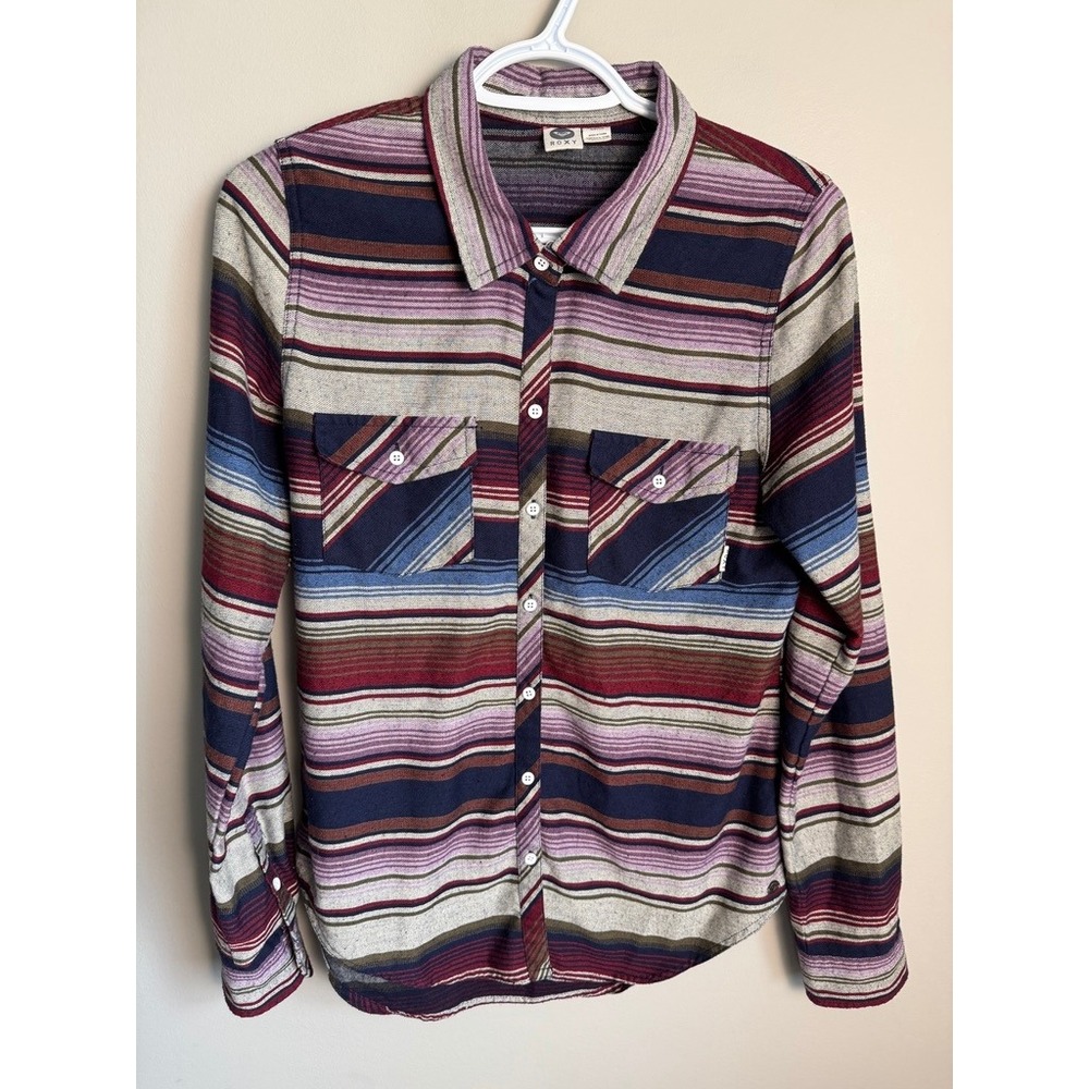 Roxy Striped Button Up Knit Shirt Womens Small Multicolor Boho Surf 90s Grunge